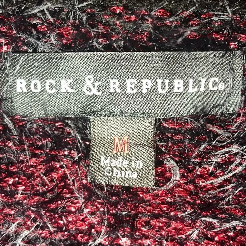 Rock and Republic Textured Metallic V Neck Sweater in Black/Burgundy Women’s M
